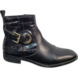 Zara Flat‎ Ankle Moto Boots Womens Black Size 6.5 Croc Leather Square Toe Buckle
